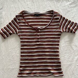 Topshop Burgundy and Cream Striped Ribbed Scooped Neck Adorable  Baby Tee